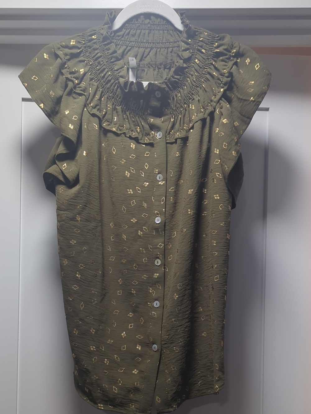 NY Collection Olive Green Ruffle Smocked Neck Blouse with Gold Accents